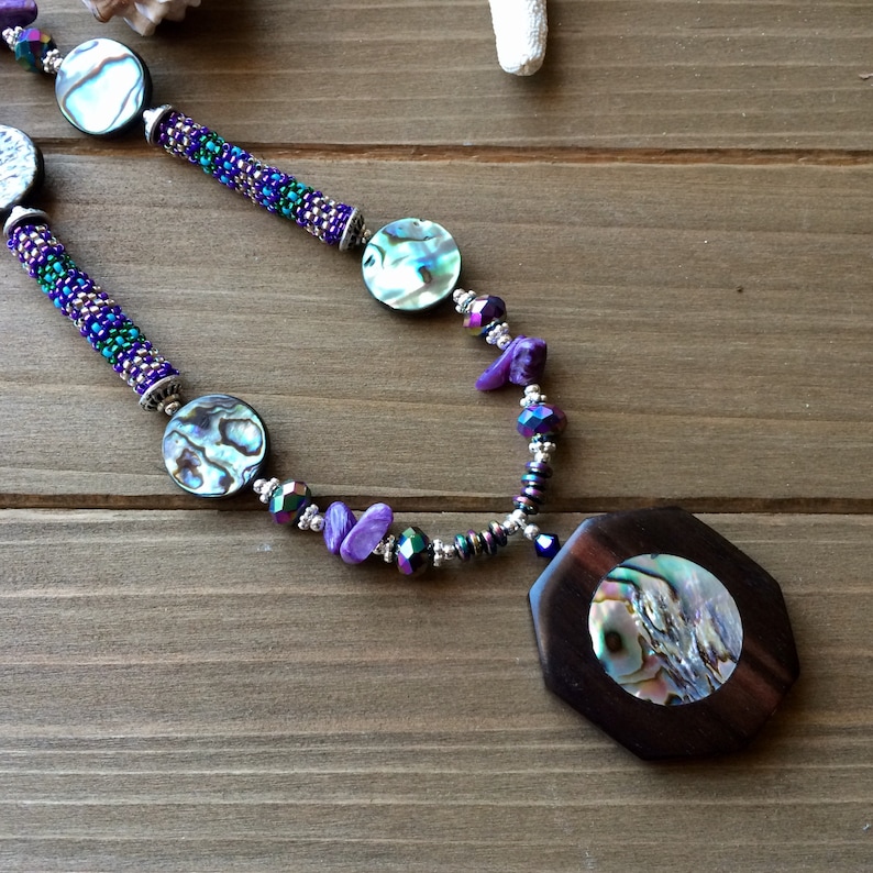 Abalone necklace shell rare kamagong hardwood necklace tribal boho necklace beach tropical gift stone wood necklace unique jewelry women SLD
