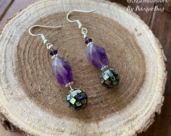 Abalone earrings shells handmade beach earrings mosaic purple earrings dangle boho earrings crystal unique jewelry silver earrings for women