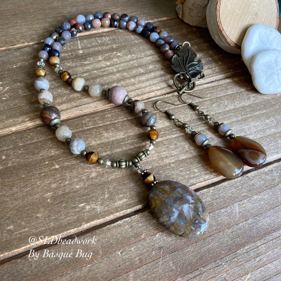 Pietersite Necklace Set Stone Necklace Earrings Set Petrified Wood Crystal  Handmade Boho Set Bronze Gift Western Unique Jewelry for Women 20 -   Israel