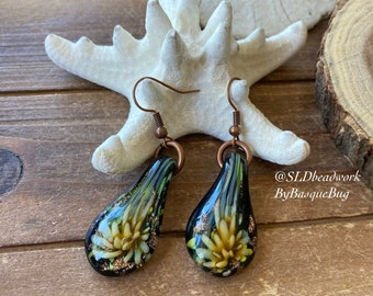 Yellow earrings floral black earrings handmade lamp work earrings copper teardrop earrings dangle bohemian glass unique jewelry for women