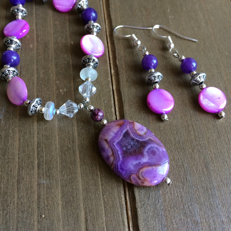 Purple crazy lace agate jewelry set natural stone necklace earrings set pink violet shell beaded boho tribal unique jewelry for women SLD