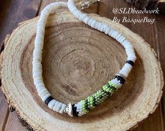 Puka shell jewelry anklet tribal peyote beaded anklet handmade green white boho native anklet beach surfer tropical hippie jewelry for women