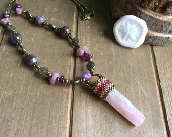 Tourmaline necklace pink peyote ruby necklace pendant stone bronze beaded native boho necklace gemstone unique raw jewelry for women 18