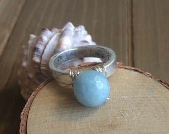 Blaue Aquamarin ring Silber gehämmert Größe 8 Ring Edelstein Ring Naturstein-Ring Birthstone blauen Ring SLD einzigartigen Schmuck für Frauen Männer