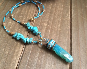 Crystal necklace wrap beaded peyote necklace blue turquoise necklace stone tribal necklace boho hippie gift gold unique jewelry for women 18