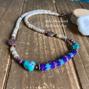 Turquoise necklace puka shells choker beaded peyote handmade beach necklace surf choker tropical gift necklace unique jewelry women men 16