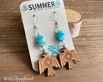 Southwestern earrings eagle stone amazonite earrings leather animal earrings bird boho native blue earrings silver art unique jewelry women