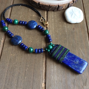 Lapis necklace blue lazuli gemstone pendant Necklace gold boho necklace native peyote beaded necklace Malachite green blue jewelry women men