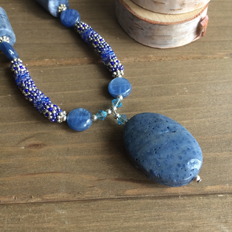 Blue Coral Necklace Pendant Kyanite Necklace Crystal Peyote - Etsy