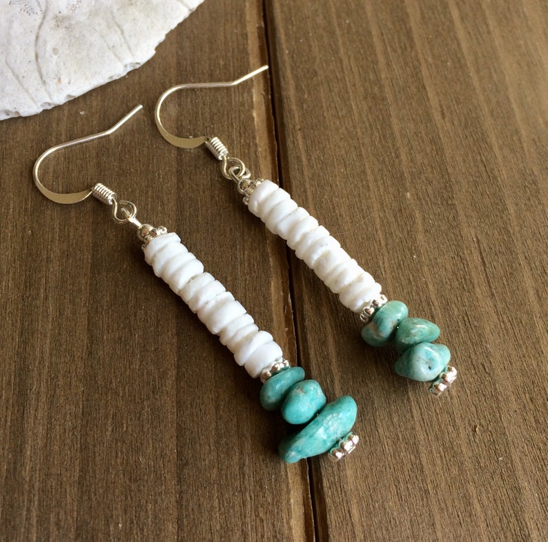Puka shell earrings sea green blue amazonite natural stone errings dangle surfer earrings boho hippie tribal native SLD unique jewelry women