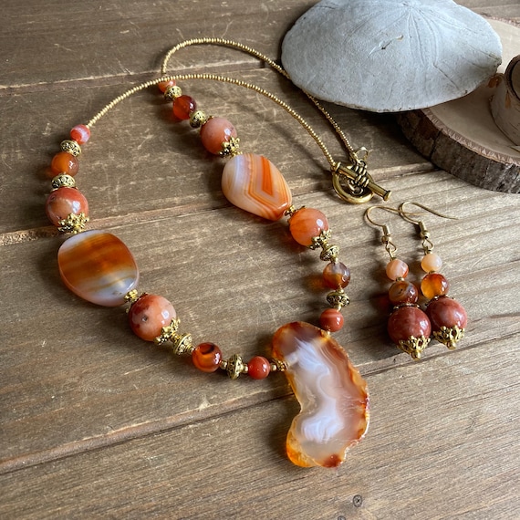 Stone Jewelry Set Necklace Earring Set Orange Gemstone Set Boho