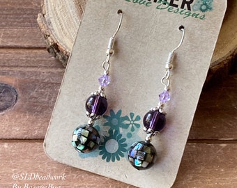 Abalone earrings shells handmade beach earrings mosaic purple earrings dangle boho earrings crystal silver unique jewelry earrings for women