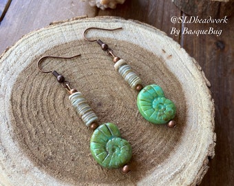 Beach earrings shell handmade earrings Lampwork glass earrings puka shells earrings summer copper blue green earrings surf jewelry for women