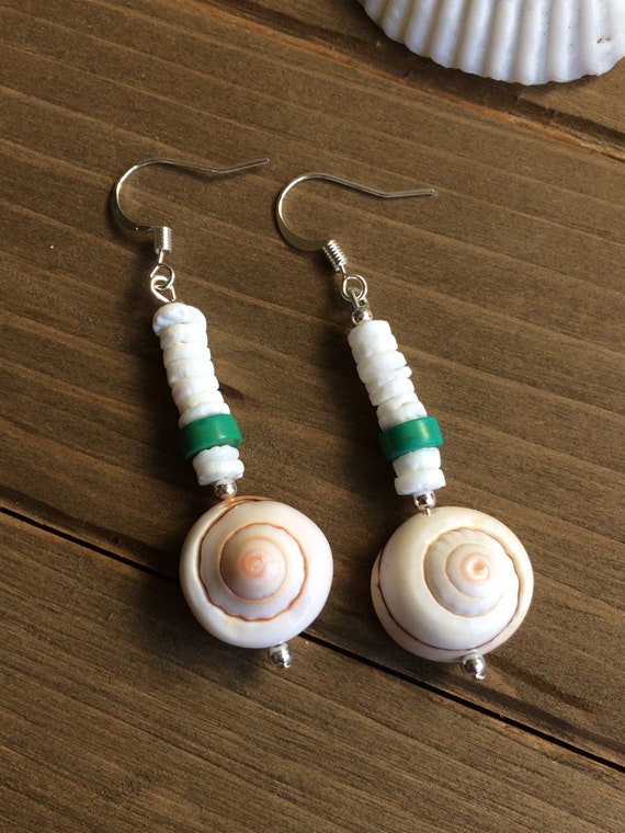 Puka shell earrings sea green blue amazonite natural stone errings dangle surfer earrings boho hippie tribal native SLD unique jewelry women