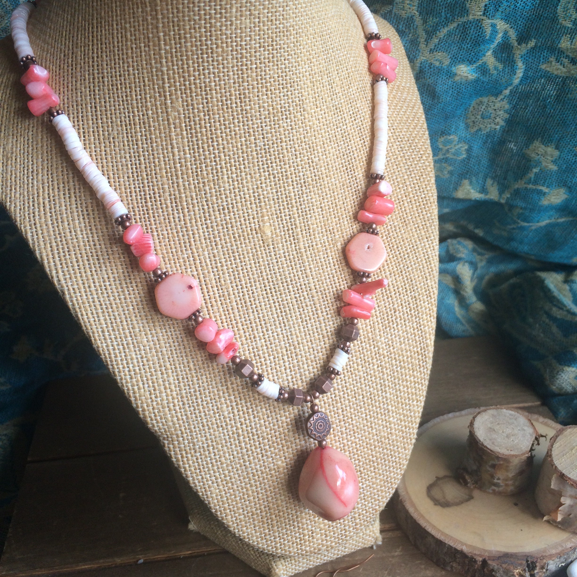 Coral necklace set pink puka shells gemstone handmade set | Etsy