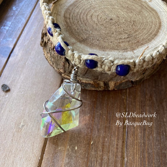 Titanium crystal necklace hemp stone choker bohemian tribal handmade festival hemp silver necklace blue gift unique hippie jewelry for women