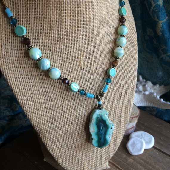 Blue Druzy Necklace Set Stone Necklace Earrings Set Teal Agate Green Set  Handmade Natural Stone Set Bronze Gift Unique Jewelry for Women 18 