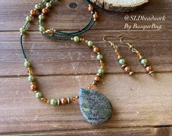 Swarovski Crystal necklace set jasper earrings set brown green gold set Pearl boho handmade southwestern set stone gift unique jewelry women