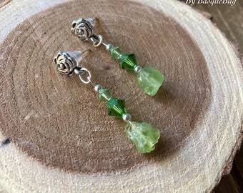 Raw Peridot earrings gemstone boho earrings silver Green post stud earrings gift handmade Swarovski crystal unique jewelry earrings women