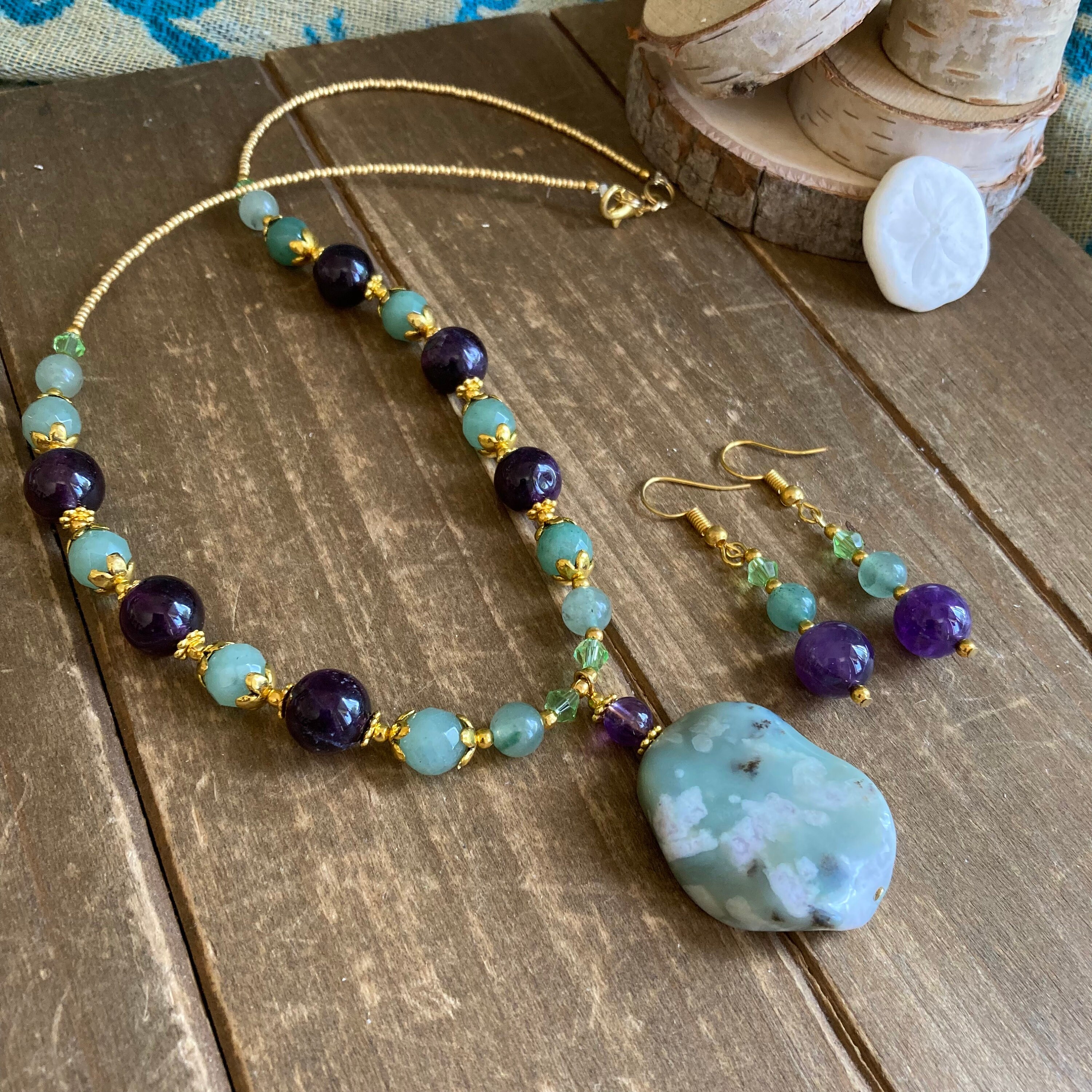 Fancy Jasper necklace set purple boho green purple pendant set | Etsy
