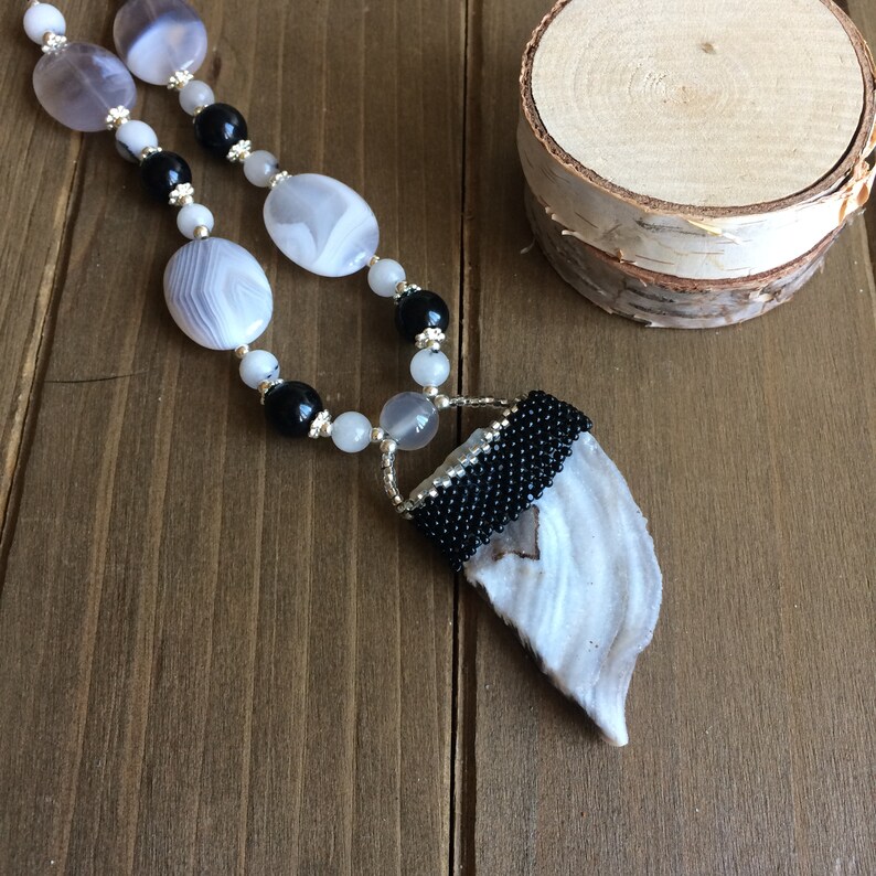 Peyote beaded necklace gray lace agate druzy Necklace black boho necklace hippie crystal necklace stone 18 inch SLD unique jewelry women men