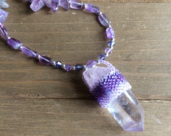 Ametrine necklace tribal lilac purple necklace quartz crystal point peyote beaded necklace crystal gemstone boho unique jewelry for women 21