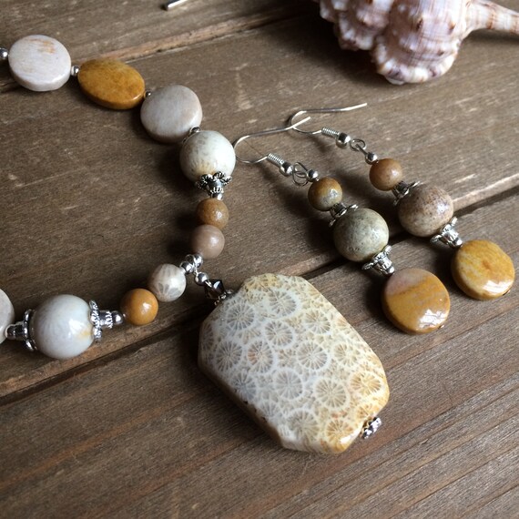 Fossil Coral Necklace Set Earrings Natural Stone Ocean Pendant Etsy