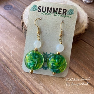 Green earrings Lamp work quartz Crystal earrings swirl handmade glass dangle earrings boho tribal hippie white unique gold jewelry for women