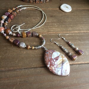 Stone jewelry set necklace earrings set petrified wood set mookite Jasper pendant red set boho tribal gift set silver jewelry for women 22
