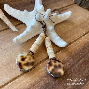 Beach earrings cowrie Shell dangle earrings tropical surfer earrings puka copper brown animal tribal earrings surf fashion jewelry for women
