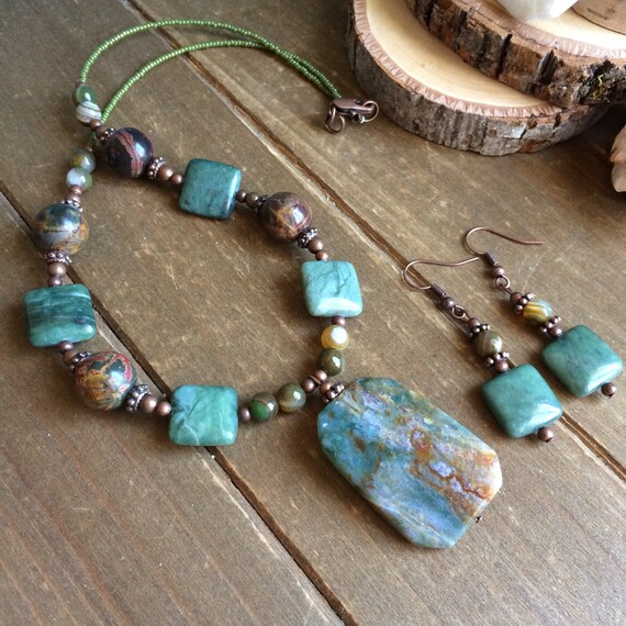 Green Necklace Stone Set Earrings Set Ocean Agate Pendant Set | Etsy