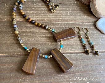 Fall Jewelry set necklace earrings set Tiger iron boho Necklace set natural stone handmade gold set gift brown unique jewelry for women 18