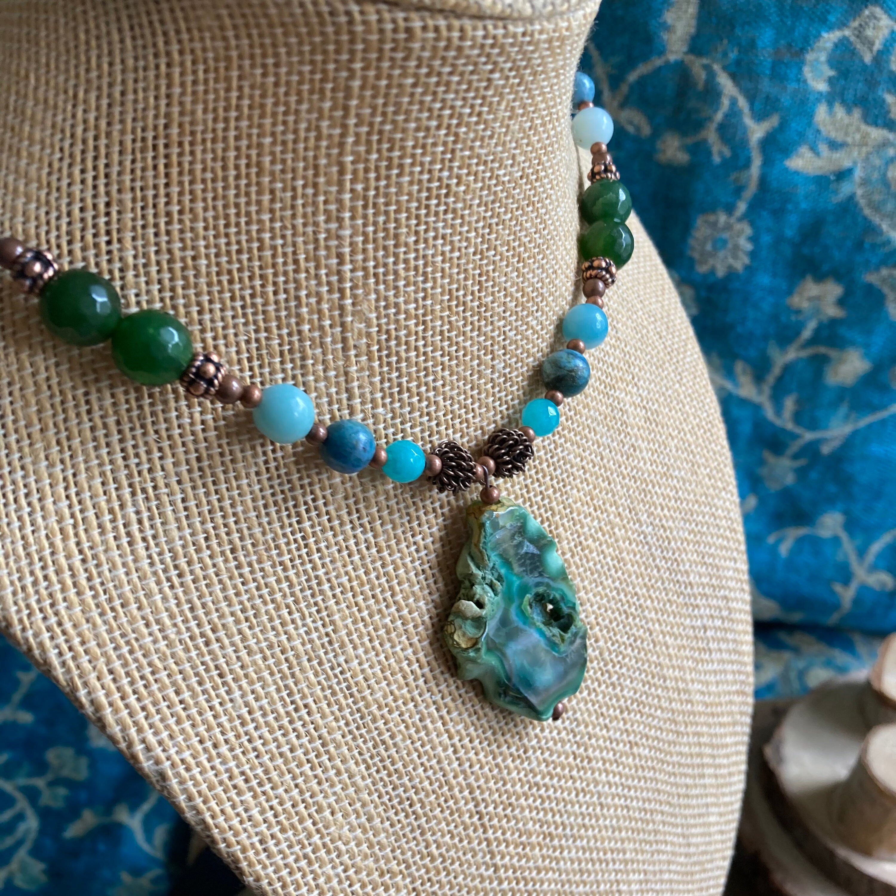 Blue Druzy Necklace Set Stone Necklace Earrings Set Teal Agate Green Set  Handmade Natural Stone Set Bronze Gift Unique Jewelry for Women 18 