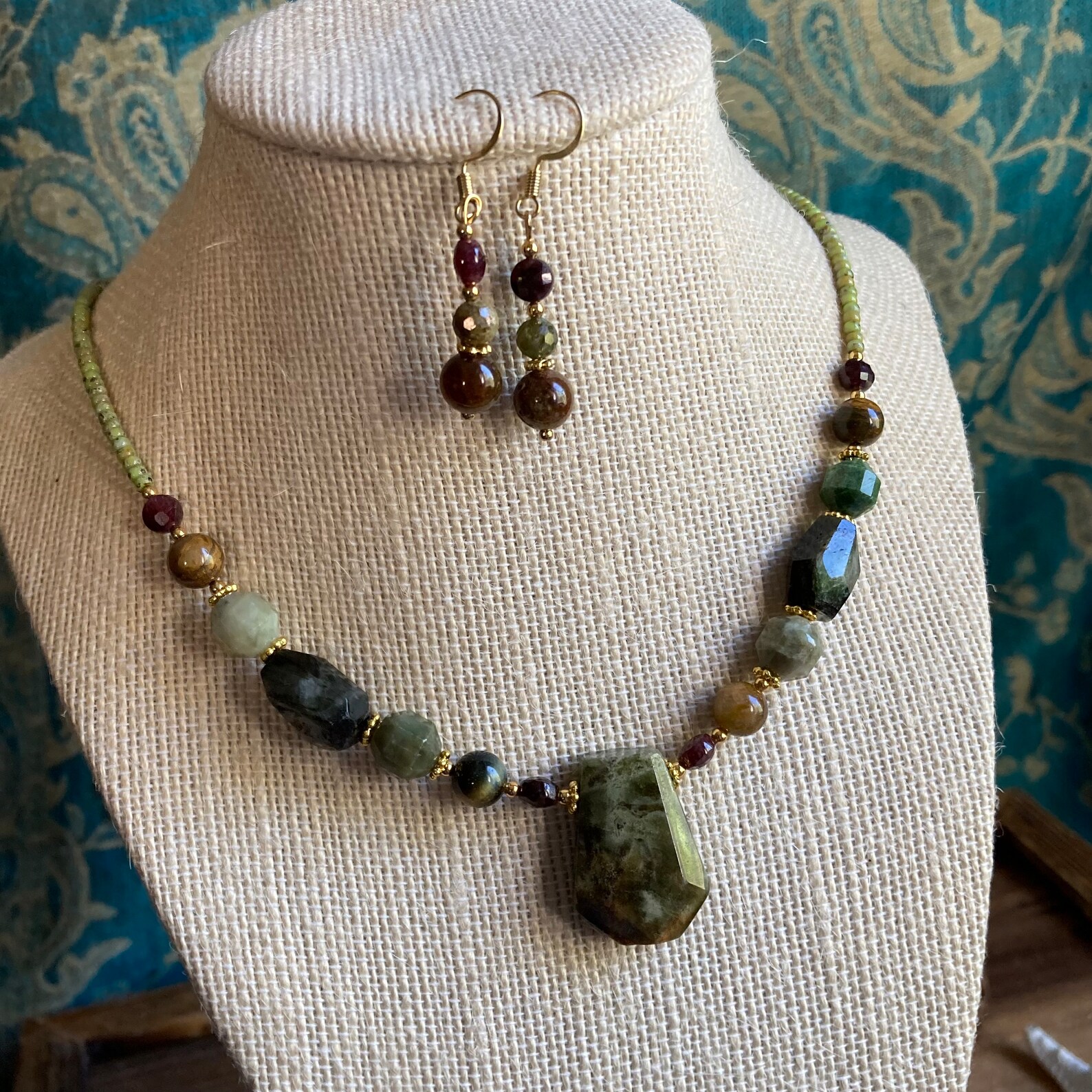 Necklace Green Set Stone Pendant Set Tourmaline Jewelry Etsy
