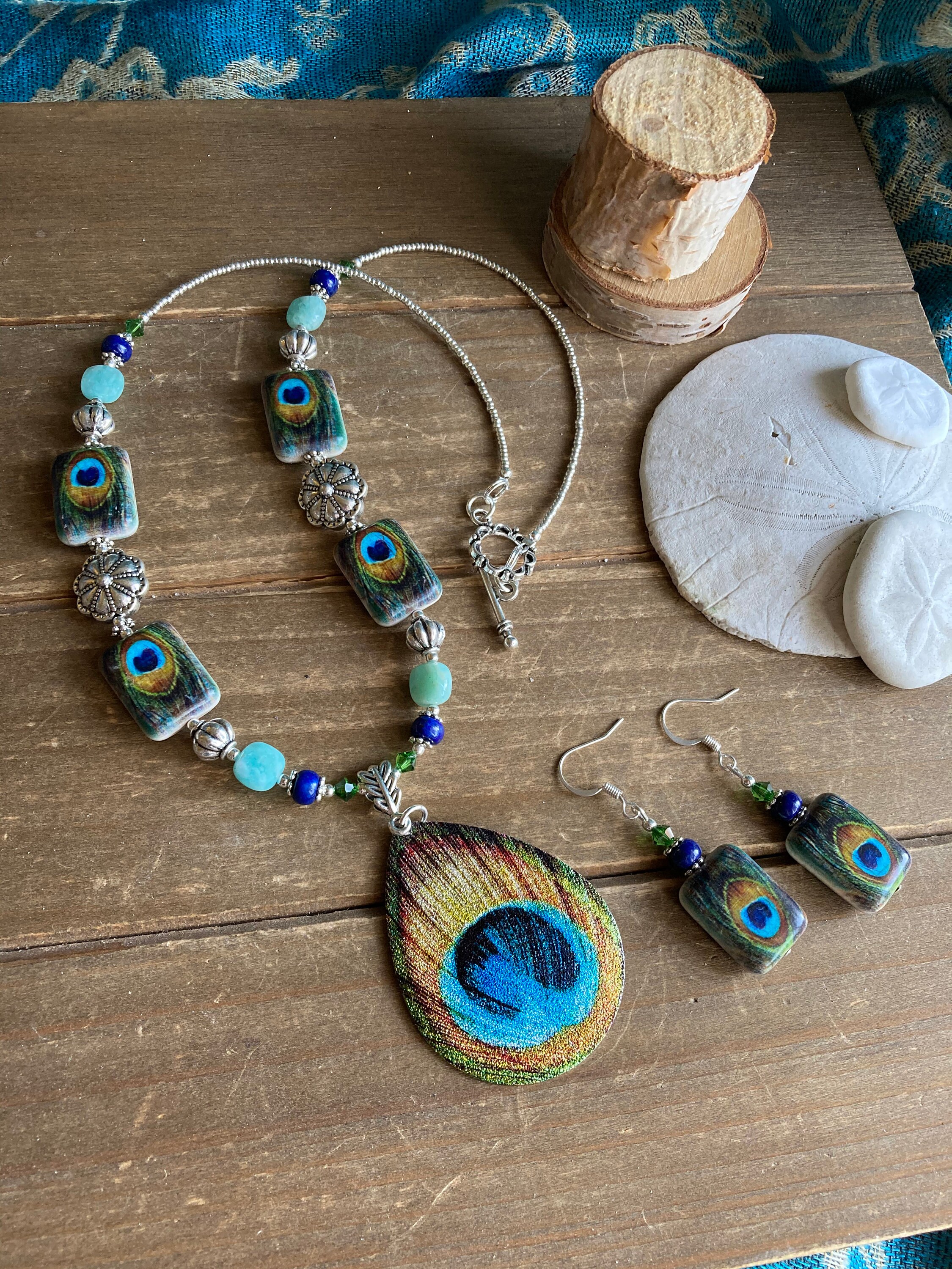 AeraVida Sterling Silver Peacock Necklace & Earrings Set With Simulated Turquoise