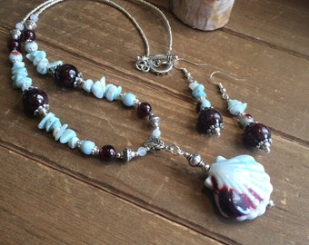 Ceramic shell necklace set jewelry earrings set Larimar beach garnet gemstone silver boho blue handmade gift unique jewelry for women 20
