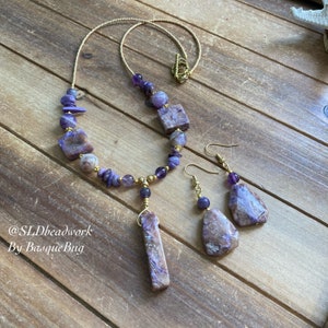 Purple necklace chariot jewelry set earrings stone gemstone handmade jewelry boho amethyst crystal beaded hippie gift gold jewelry set women