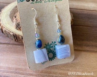 Blue lace agate earrings blue chrysocolla earrings dangle square stone earrings handmade natural stone silver boho unique jewelry for women