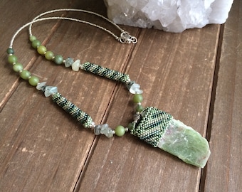 Green Kyanite necklace wrap stone seed beaded raw crystal necklace Basque American boho hippie peyote gift unique handmade jewelry for women