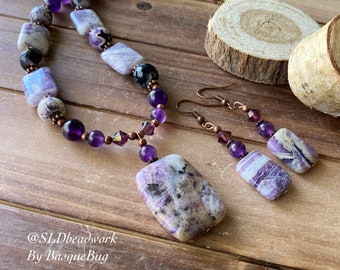 Stone jewelry set necklace earrings purple lepidolite lavender amethyst crystal handmade beaded boho copper gift unique jewelry for women