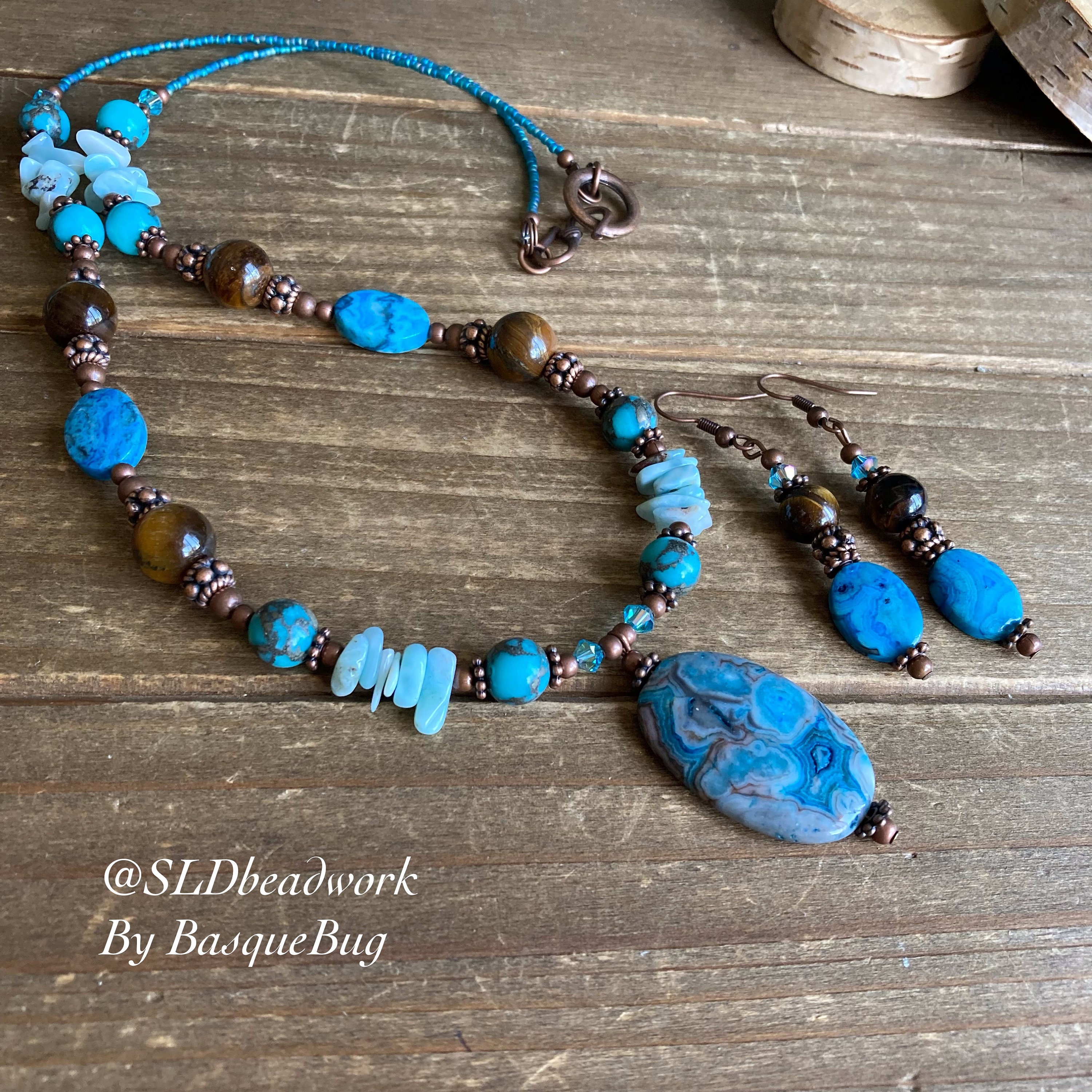 Blue Necklace Set Earrings Crazy Lace Agate Natural Stone Set Boho