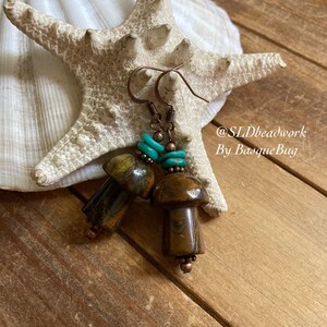 Mushroom earrings turquoise blue gemstone handmade dangle bohemian hippie copper earrings drop cubensis art garden jewelry earrings women