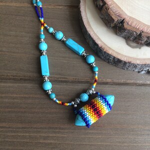 Beaded necklace stone wrap jewelry blue turquoise Basque American pendant boho peyote tribal hippie festival unique jewelry for women men 18