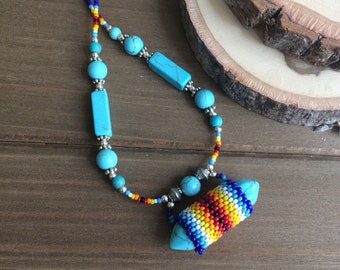 Beaded necklace stone wrap jewelry blue turquoise Basque American pendant boho peyote tribal hippie festival unique jewelry for women men 18