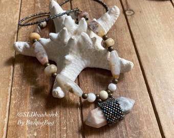 Seed beaded bronze necklace wrap stone peyote gemstone crazy lace agate natural stone bohemian hippie tribal men handmade jewelry for women