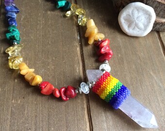 Boho necklace wrapped Quartz peyote beaded rainbow stone necklace rainbow lgbt necklace tribal native hippie crystal jewelry for women men