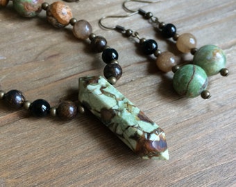Green necklace set Rhyolite earrings set gemstone stone opal set boho beaded set pendant bronze handmade set unique jewelry for women 18