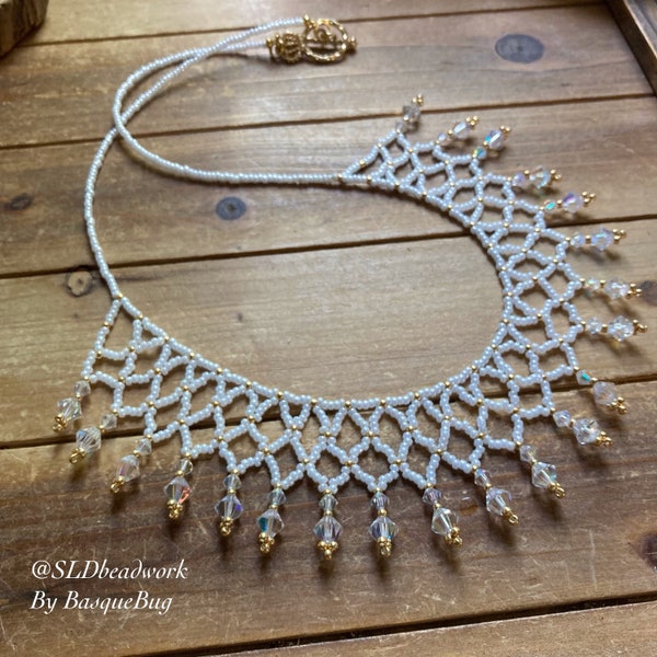 Wedding necklace bride jewelry handmade Swarovski Crystal cascade necklace seed beaded white bohemian wedding jewelry gift gold her women