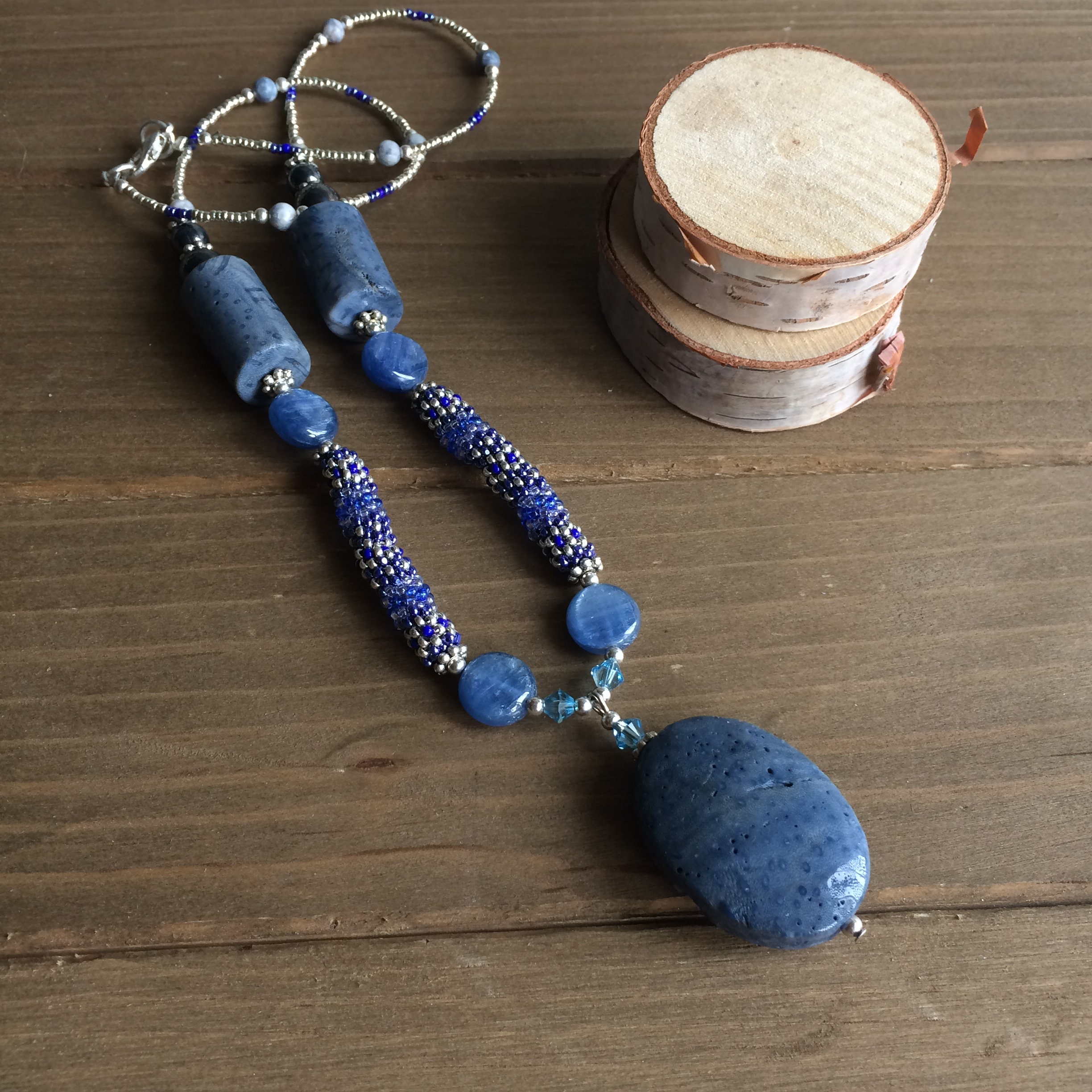 Blue coral necklace pendant kyanite necklace crystal peyote | Etsy