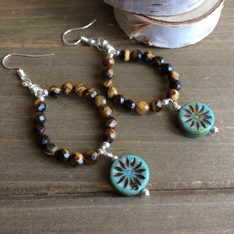 Tiger eye earrings stone dangle earrings boho blue brown earrings wire wrap star handmade silver earring unique jewelry earrings for women